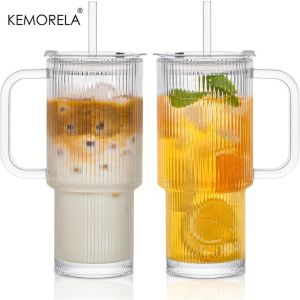760ML Ribbed Glass Tumbler with Handle Lid 1/2PCS Large Iced Coffee Cups with Straws Modern Glass Mug for Cold & Hot Beverages