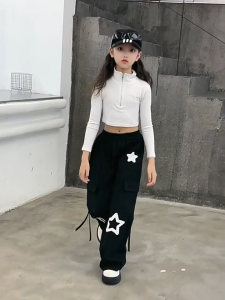 Korean Cargo Pants For Kids Girl 7-15yrs Star Towel Embroidery 4 Pockets Baggy Pants For Kids Girl Sagging Pants Wide Leg Pants For Kids Girl