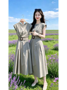 Shalldoer | French Style Commuter Fitted Belts Sleeveless Versatile Round Neck Slim Flare Long Dress