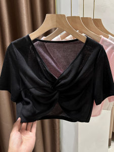 Pure Desire Knitted Beach Cover Up Sleeveless Tank Top for Women Summer Ice Silk Shawl Thin Section Short Sleeve V-Neck Top