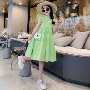 Princess Style Summer Dress for Girls Childrens Cotton Clothing Short Sleeve Midi Skirt Cool Feeling round Neck Pure Color