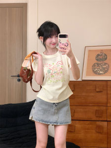 Gentle Sweet Girl Style Cream Apricot Short Sleeve Female Cute Cartoon Print T-shirt Small Waist Trimming Short Silm Tops