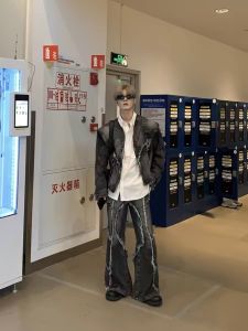 American High Street Vintage Heavy Duty Deconstructed Fringe Shoulder Pad Mens Denim Jacket Autumn Bell Bottom Jeans Set