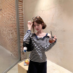 Ladies Casual Striped Half-Open Collar Shoulder Bared Long Sleeve T-Shirt Loose Fit Slimming Top Fashionable Commute Style