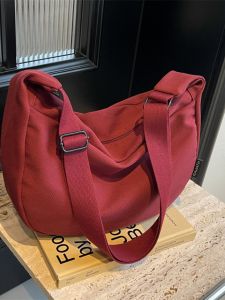 Large Capacity Canvas Shoulder Bag Womens Fashionable Versatile Wide Strap Crossbody Bag Dumpling Shape Soft Fabric Bag