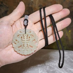 Premium Nephrite warm white light green hue hollowed out carved on both sides double dragons bat and "longevity (寿) Jade pendant (with certificate) 优质和田玉暖白淡绿镂空双面刻双龙蝙蝠小篆体"寿"字吊坠(带证书)