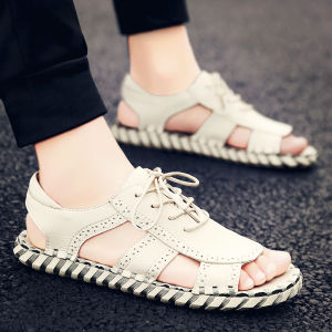 Leather Sandals Mens Summer Outdoor Wear Genuine Leather Roman Style Beach Driving Sandals Breathable Slip-On Flat Rubber Sole