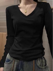 Áo Thun Dài Tay Màu Đen Cổ Chữ V Cạp Cao Ôm Vừa Vặn Cho Nữ Mùa Xuân Thu Mùa Đông Áo Lót Cỡ Lớn Cho Phụ Nữ Ngoại Cỡ