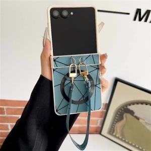 szhaiyu | For Samsung Galaxy Z Flip 8 7E 7 6 5 4 Geometric Prism Magnetic Phone Case With Wrist Strap Hinge Protection Shockproof Cover