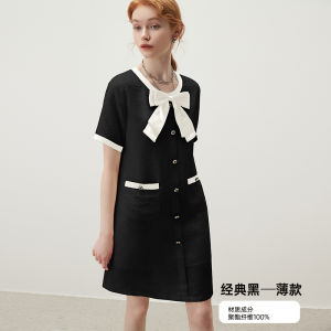 Elegant Black A-Line Dress with Bow Detail Short Sleeve Womens Fashion Spring Autumn Seasonal Pure E-commerce Sale