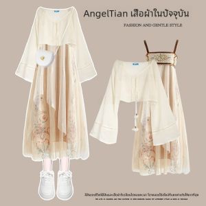 ชุดเดรสยาวแขนกุดเซ็กซี่สไตล์จีนฤดูร้อนปี 2024 สำหรับผู้หญิง ชุดเดรสยาวคลุมเข่าแขนยาวลายดอกไม้สีพื้น