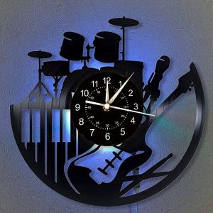 3D Guitar Style Vinyl Record Wall Clock Music Decoration Mute Seven-Color LED Home Art Birthday Gift Suitable For Children And Men Women Lovers