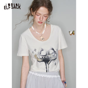 ELFSACK 2025 Spring New Arrivals Y2K White Heart Printed Short Sleeve T-Shirt Womens Loose Casual Versatile Top