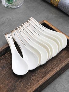 Creative Gold Rimmed Ceramic Soup Spoon Short Handle Dining Utensil for Home Restaurant Individual Use Fine Dining Spoon
