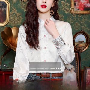 New Chinese Style Silk Embroidered Shirt Womens Spring Autumn Winter Long Sleeve Stand Collar Tang Costume Fashion Blouse