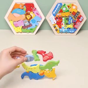 GU Puzzle 3D Hexagon hewan Wooden Montessori Wooden Chunky Hexagon Puzzle Mencocokan Bentuk Karakter
