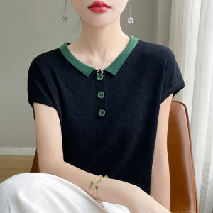 French Style Peter Pan Collar Knitting Short-Sleeved Women Polo Shirt Shoulder Contrast Colors Slimming T-shirt Half Sleeve Tencel Super Nice Tops