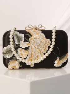 Elegant Pearl Embroidered Clutch Bag New Chinese Style Dinner Party Handbag Silk Strap Nylon Material Medium Softness Lock Buckle Closure