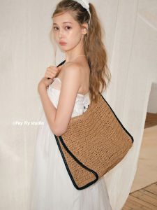 Feytiy Large Capacity Straw Woven Handbag with Edge Black Trim Retro Summer New Style Womens Shoulder Bag Soft Square Shape