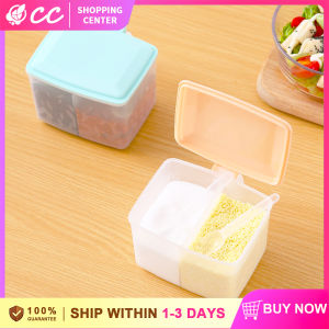 Two Compartments 2-in-One Seasoning Storage Box Container Condiment Jars Flip with Spoons Lid Handle Spice Salt Sugar Pots