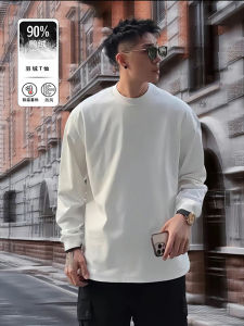 Mens White Duck down Long Sleeve T-Shirt Small Collar Base Layer Shirt Inner Wear Youth Fashion Winter Warm Loose Fit T-Shirt