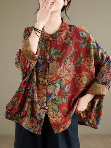 Large Size Spring Cotton Linen Print Shirt Chinese Style Tea Costume Button up Outerwear Casual Loose Fit Long Sleeve