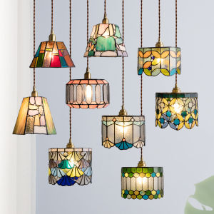 Retro Copper Glass Chandelier American French Tiffany Mediterranean Style Dining Room Bedroom Bar Passage Lighting Fixture