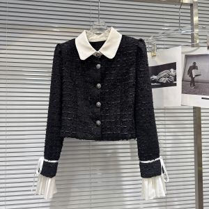 Trendy White Bowtie Tweed Short Jacket Womens Shirt Style Autumn New Arrival Elegant Straight Cut Polo Collar Long Sleeve