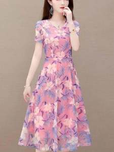 Summer New Ice Silk Short Sleeve Floral Midi Dress for Mom Large Size Womens Dress Flared Skirt Commute Style Printed Dress