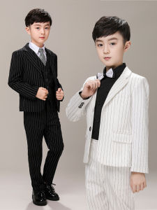 Boys Suit Set Piano Performance Host Black White Stripes Childrens Formal Wear Elegant School Style Clothing for Kids