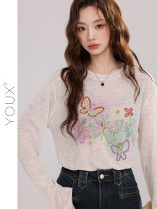 YOUXIANG | Áo Thun Tay Dài Hình Bướm Nữ Mùa Thu Nhẹ
