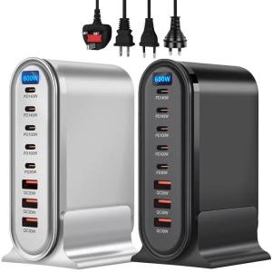 Hot 600W GaN Fast Charger Hub LED Display USB C PD Desktop 8 Ports Fast Charging Station Adapter For iPhone/Samsung/Xiaomi/iPad