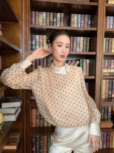 XXNING | Bộ Đồ Nữ Elegance Hai Món: Áo và Chân Váy Chấm Bi Pháp