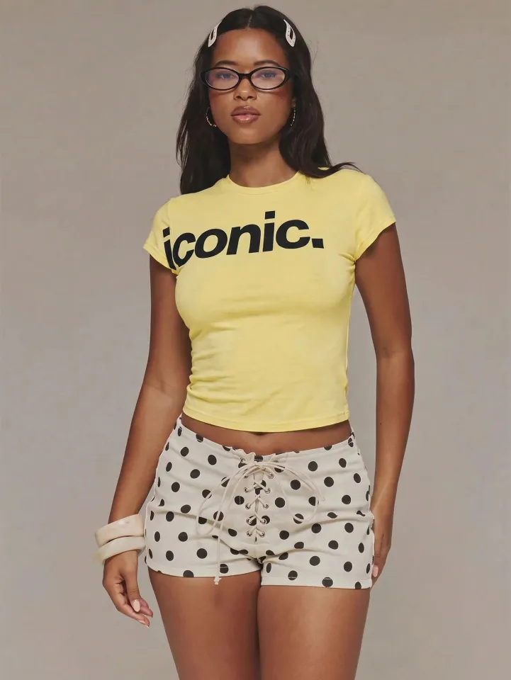 Vintage 90s Style Short Sleeve Crop Top Women Letter Print Slim