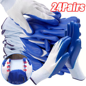24pairs Thick Rubber Gloves Full Elastic Polyester Nitrile Rubber Gloves Non-slip Wear-resistant Work Gloves  Safety Anti-cut Garden Gloves Multipurpose Breathable Protective Gloves