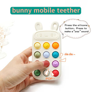 Baby bunny mobile shape Silicone Push Pop Teether – White Chew Toy with Colorful Pop Chain Baby Chewable Phone Toy