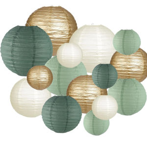 15-Piece Set of Paper Lantern Decorations Round Hanging Paper Lantern Decorations Suitable for Rural Parties Bridal Gifts Weddings Gray-Green Birthday Party Supplies Gold/Yellow-Green Party Supplies Ceiling Party Decorations