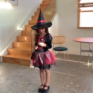 JPK Girl Halloween Witch Costume Sparkling Star Dress and Pointed Hat Wand Set
