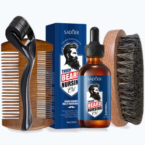 SADOER | SADOER 55ml Mens Facial Beard Growth Oil Set Beard Brush Comb Beard Roller nourishes for a thick soft and smooth beard