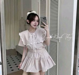 Set Tiểu Thư Yếm Vải Thô Áo Sơ Mi Mix Chân Váy có Lót Quần Dưới 56 Kg Thời Trang Trẻ Habis