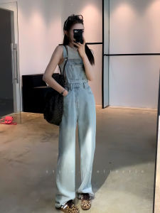 Blue Denim Strap Pants Womens Loose Straight Leggings Korean Design Spring Summer New Style Fashionable High Waist Trousers