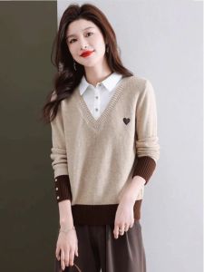 เสื้อสเวตเตอร์ถักคอโปโลแฟชั่นสำหรับผู้หญิงในฤดูใบไม้ผลิและฤดูใบไม้ร่วง 2025 แขนยาว สไตล์ทำงาน ปกติ เสื้อคลุมกันหนาว เสื้อผ้าทำงาน