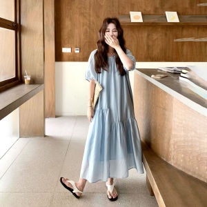 French Unique Blue Summer New Loose Lazy A-Line Dress Womens Holiday Travel Dresses Korean Style Loose Waist Short Sleeve Long Dress