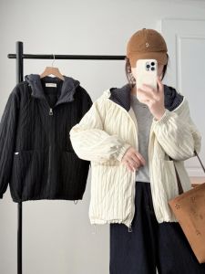 เสื้อแจ็คเก็ตผ้าฝ้ายลายสก็อตแบบมีฮู้ดหลวมๆ หนาๆ สำหรับผู้หญิงไซส์ใหญ่ ฤดูหนาว 2025 แจ็คเก็ตผ้าฝ้ายแบบลำลอง