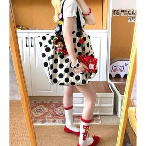 Korean Style Polka Dot Tote Bag Double Sided Canvas Large Capacity Shoulder Bag for Students Going to Class Commuting