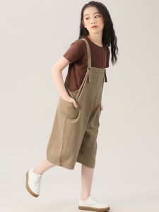 Korean Style Summer Casual Cotton Overalls for Girls Big Kids Childrens Personalized Trendy Cute Wind Pants Five-Point Pants