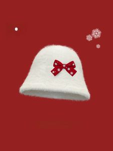 หมวกบังแดดทรงกลมปีกกว้างสำหรับผู้หญิง ขนกระต่ายสีแดง โบว์ผูก หมวกตกปลา ฤดูหนาว อบอุ่น หน้าเล็ก หมวกบ้าน หมวกบังแดด