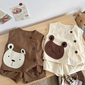 Store HHDKE3 ชุดสูทลำลองแขนสั้นสำหรับเด็กผู้ชายและเด็กผู้หญิง ชุดการ์ตูนฤดูร้อนน่ารักแขนสั้นสไตล์บางแขนกุด