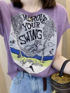 Shalldoer | Áo thun dệt kim tay ngắn họa tiết chữ cái phong cách Hàn Quốc mùa hè mới cỡ lớn vừa vặn giảm béo áo thun cổ tròn thường ngày