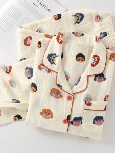 Cute Girly Style Double Pure Cotton Gauze Pajamas Womens Spring and Autumn Summer Long Sleeves Thin Loose Homewear Suit